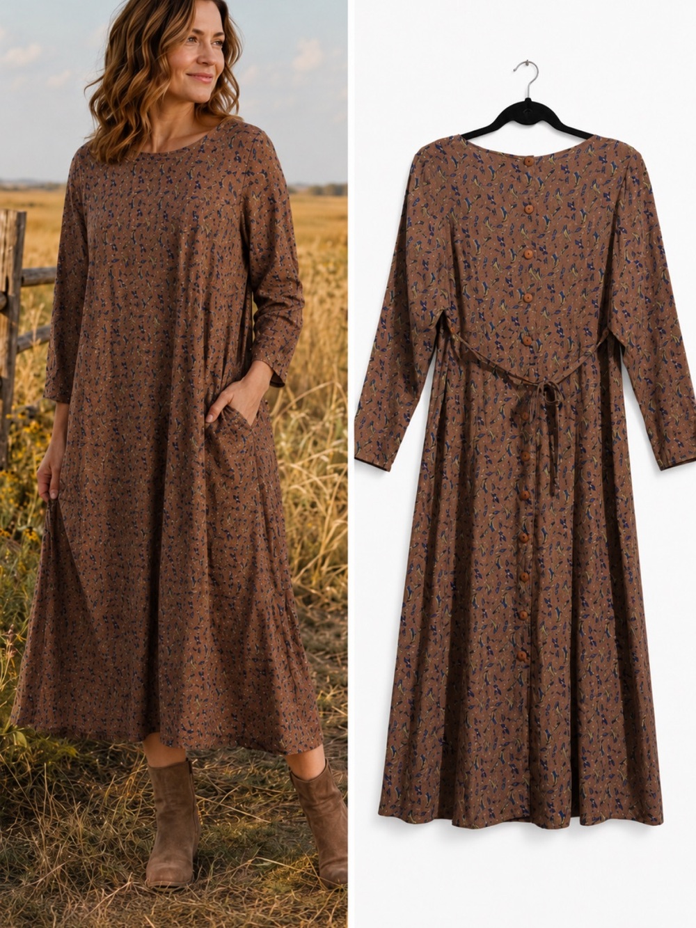 Vtg April Cornell for Cornell Trading Brown
Shoe Print Rayon Midi Prairie Dress